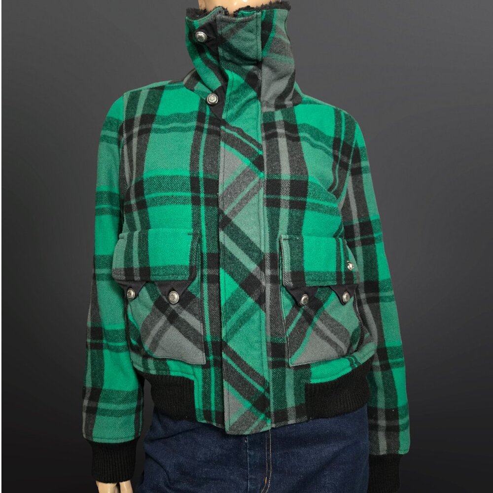 Vintage Diesel Plaid Bomber Jacket Green Black Womens Size L Wool Blend